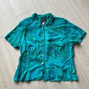 Carole Little Button Up Top Womens Petite 10 Blue Green Vintage Shoulder Pads
